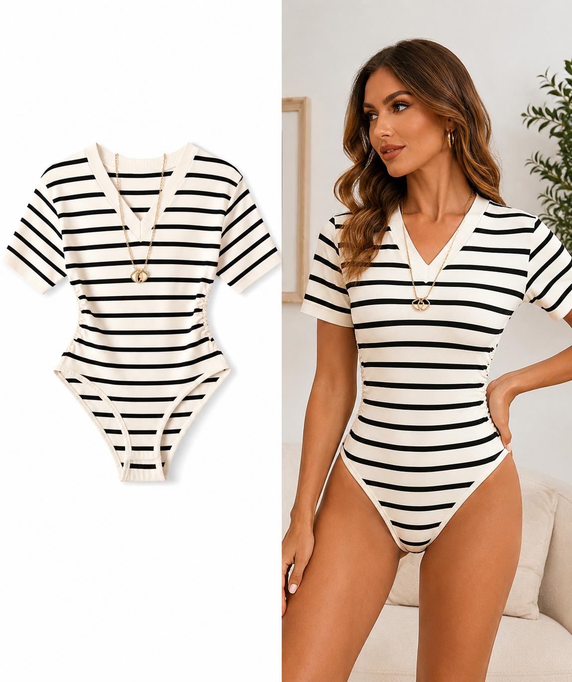 Dany luxe✨ Body Rayado Ajustado para Mujer 🤍🖤✨