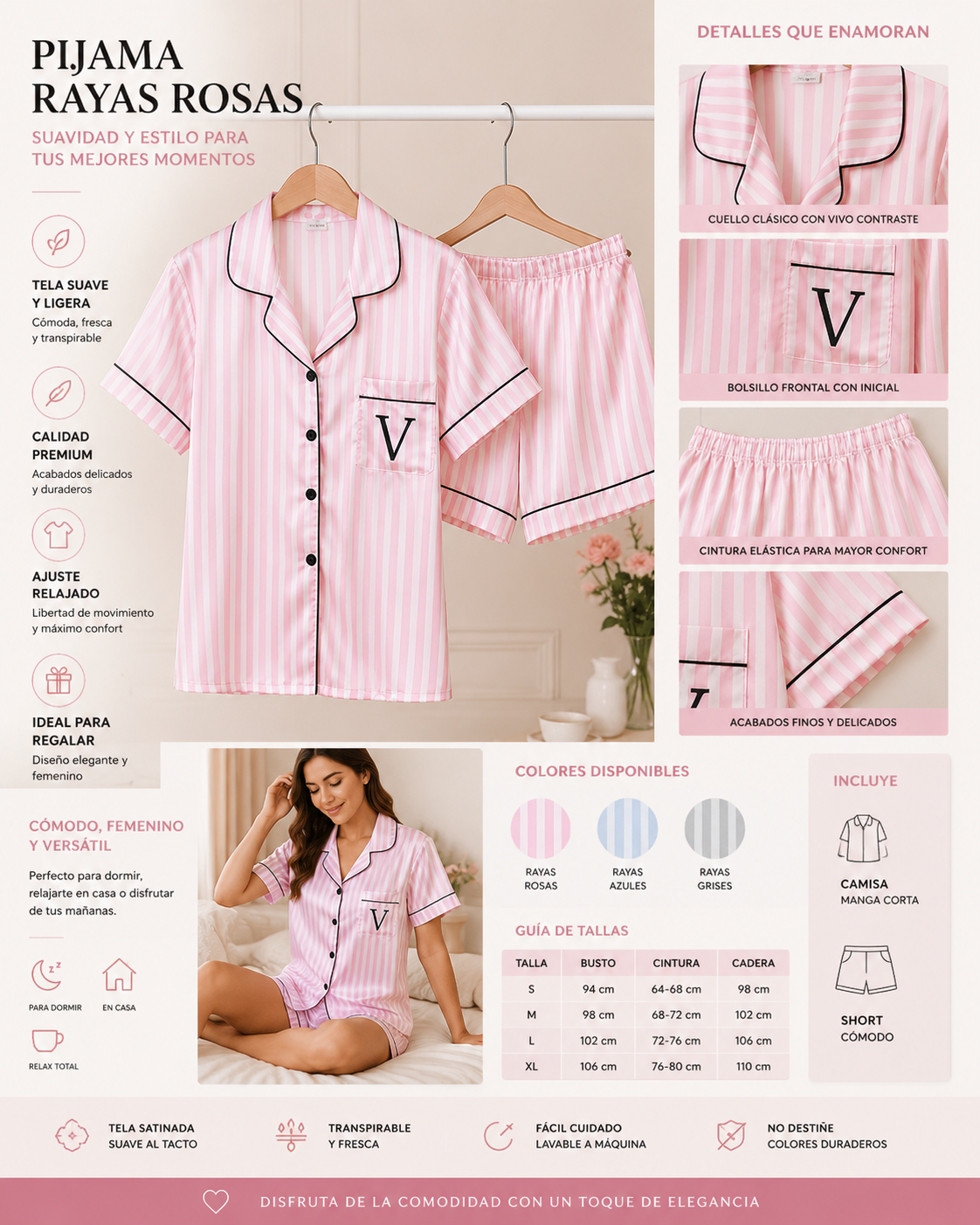 Pijama de Rayas Rosas Satinada – Comodidad y Elegancia para tus Noches