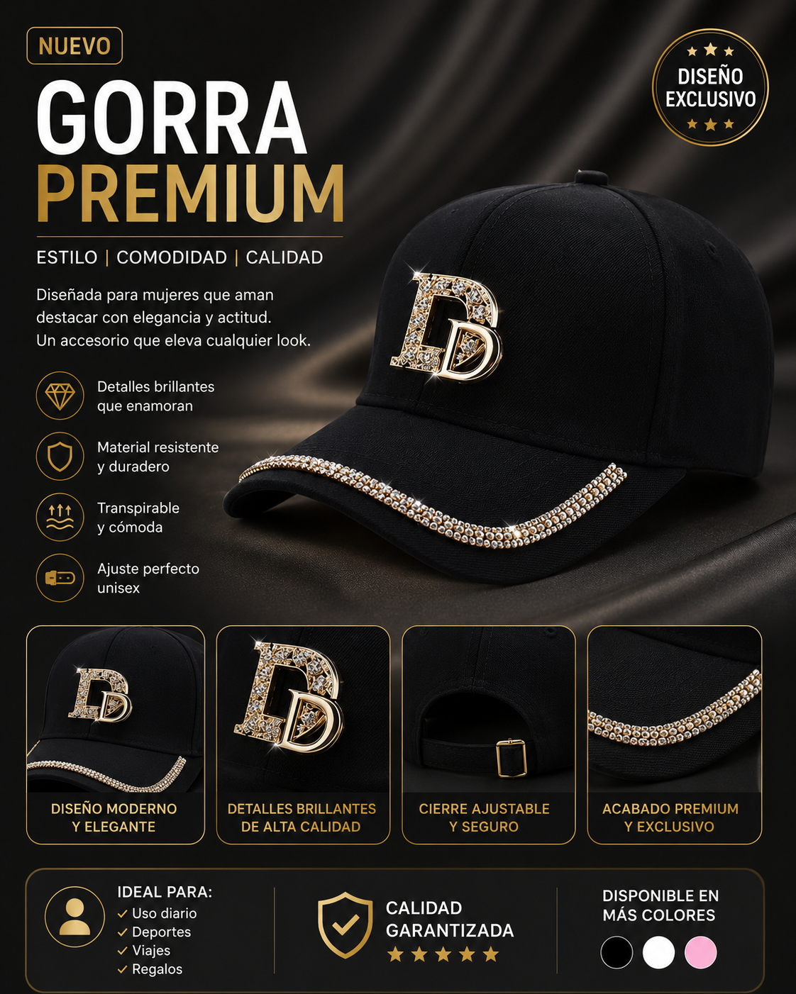 Gorra Premium Negra con Detalles Brillantes – Elegancia que Destaca