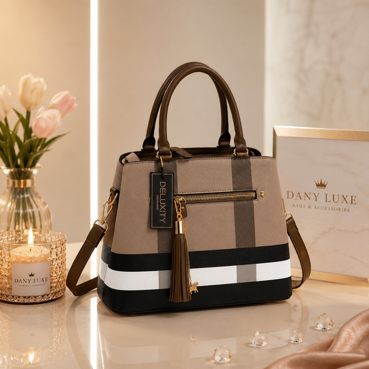 DANY LUXE Elegance Tote Bag – Beige & Brown