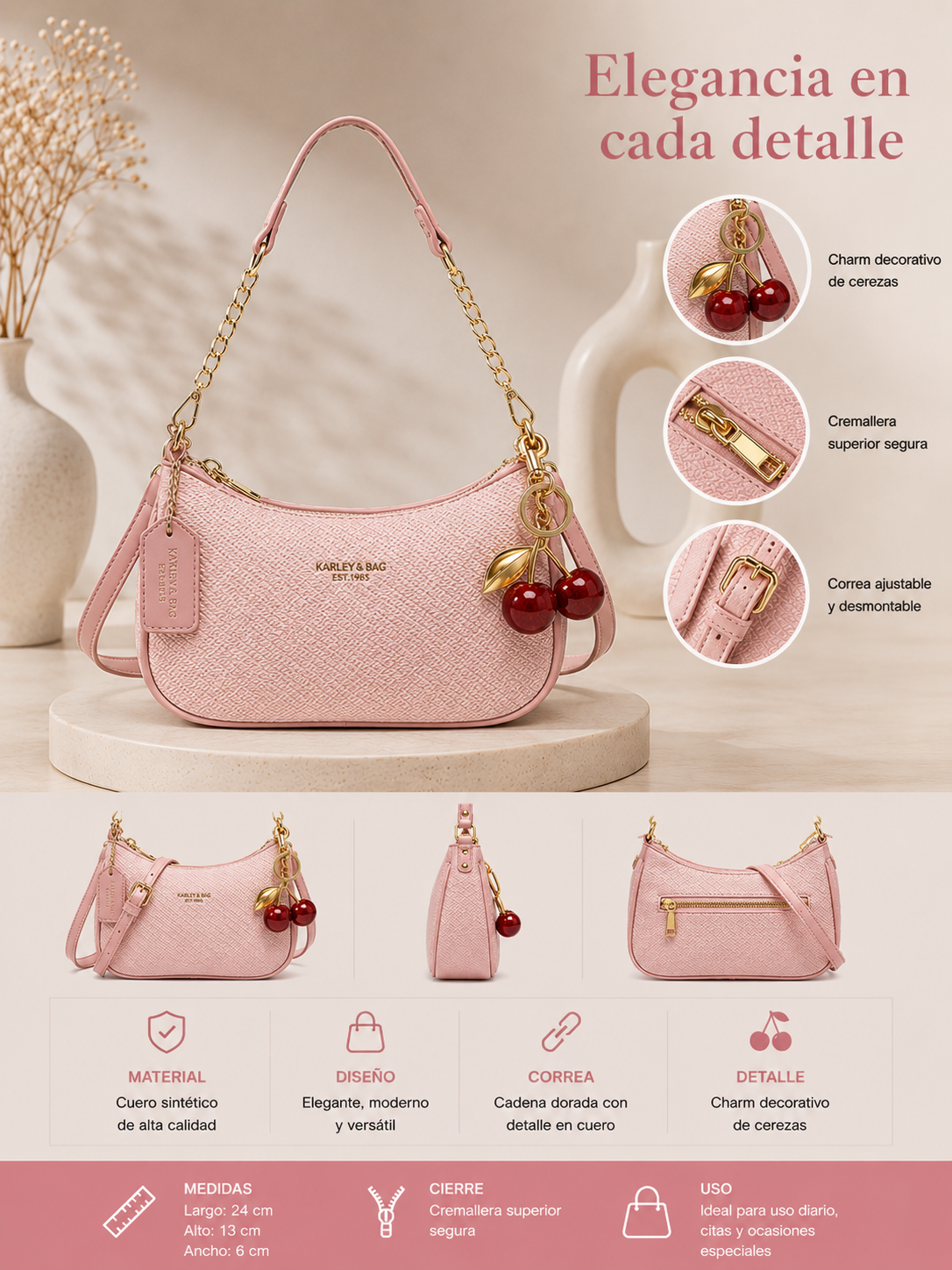 Bolso Rosa Elegante con Charm de Cerezas